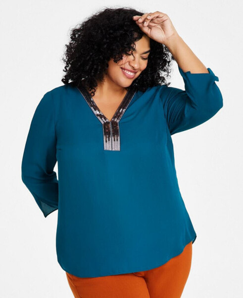 Plus Size Sequined-Neck 3/4-Sleeve Top, Created for Macy's