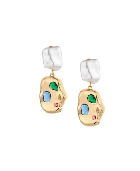 Rainbow Glass Nugget and Imitation Pearl 18K Gold Plated Earrings