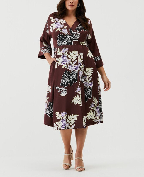 Plus Size Floral Print Faux Wrap 3/4 Sleeve Midi Dress