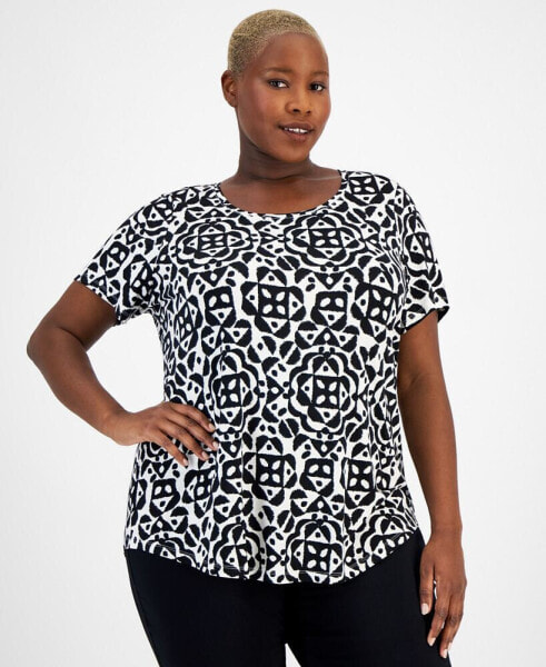 Plus Size Printed Short Sleeve Scoop-Neck Top, Created for Macy's