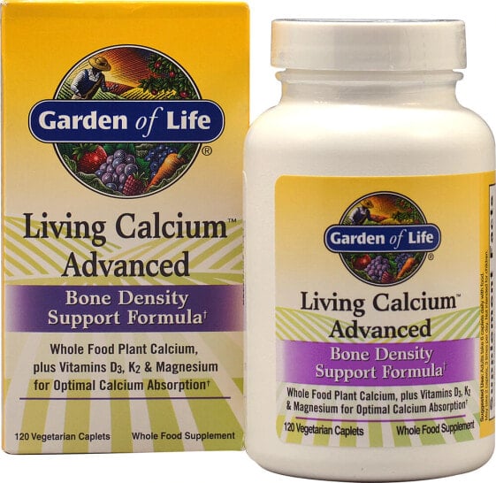 Garden of Life Living Calcium Пищевая добавка с цельнопищевым растительным кальцием, витаминами D3, K2 и магнием для поддержки плотности костей  120 капсул