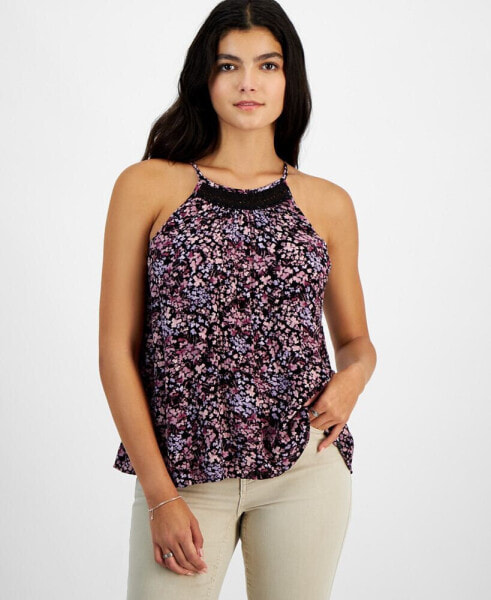 Juniors' Crochet-Trim High-Neck Tank Top