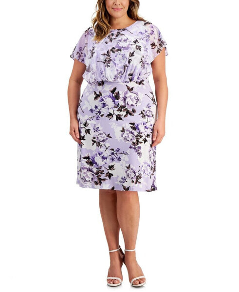 Plus Size Floral-Print Overlay A-Line Dress