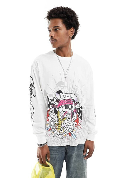 Ed Hardy long sleeve skater t-shirt with mix graphics in white