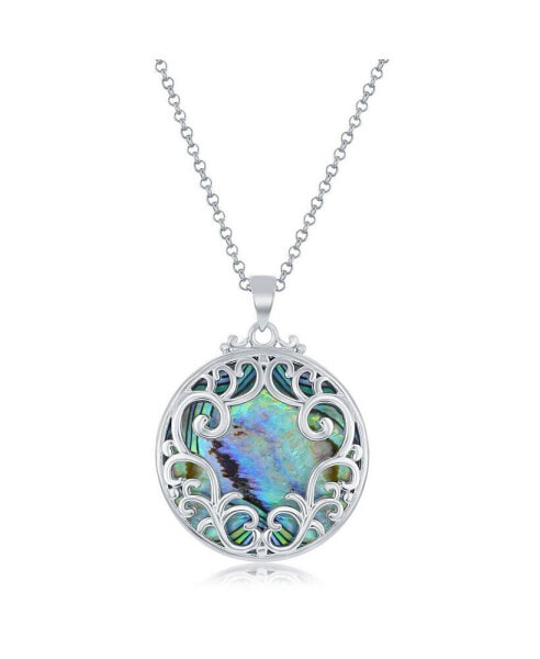 Sterling Silver Designed Round Abalone Pendant Necklace