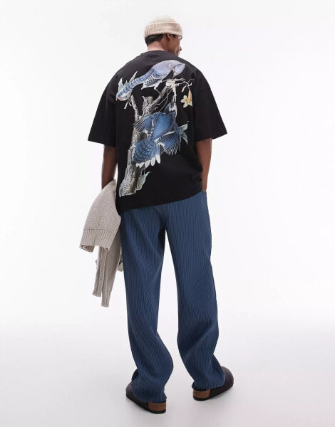 Topman extreme oversized fit t-shirt with front and back blue jay print in black