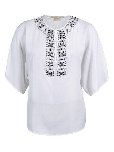 Michael Kors Women's Embellished Neckline keyhole Blouse White S