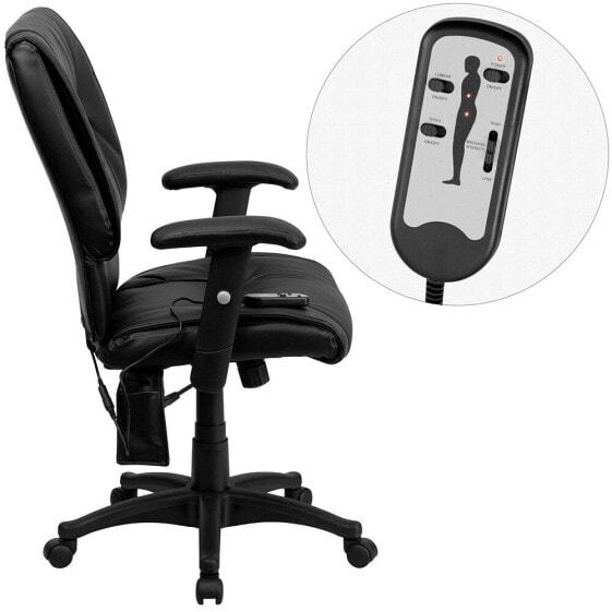 Mid-Back Massaging Black Leather Executive Swivel Chair With Adjustable Arms
