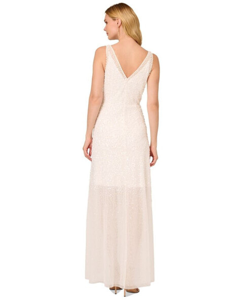 Women's Embellished Illusion V-Neck Gown