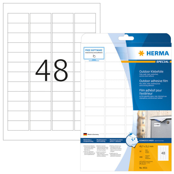 HERMA Labels A4 outdoor film 45.7x21.2 mm white extra strong adhesion film matt weatherproof 480 pcs. - White - Self-adhesive printer label - A4 - Polyolefine - Laser - Permanent