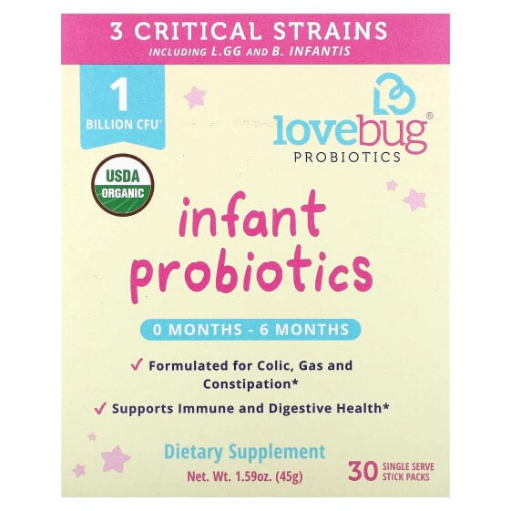 LoveBug Probiotics, пробиотики для младенцев в возрасте 0–6 месяцев, 1 млрд КОЕ, 30 порций в индивидуальной упаковке, по 1,5 г (0,05 унции)