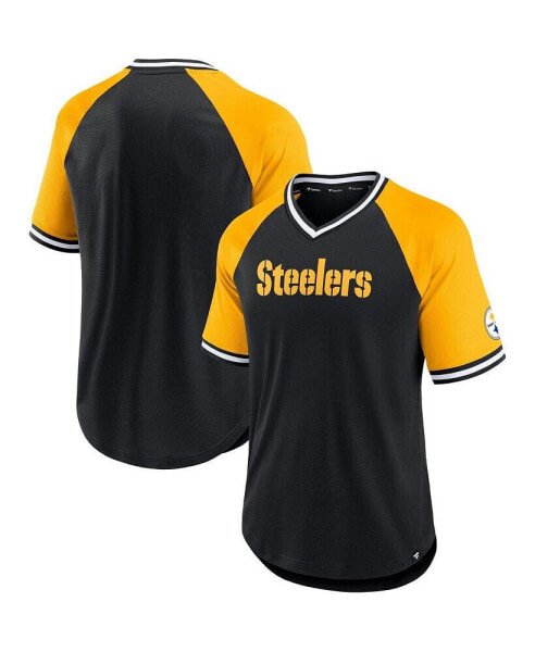 Men's Black, Gold Pittsburgh Steelers Second Wind Raglan V-Neck T-shirt