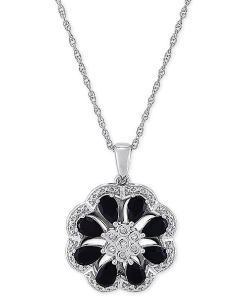 Onyx & Diamond (1/20 ct. t.w.) Floral Disc 18" Pendant Necklace in Sterling Silver