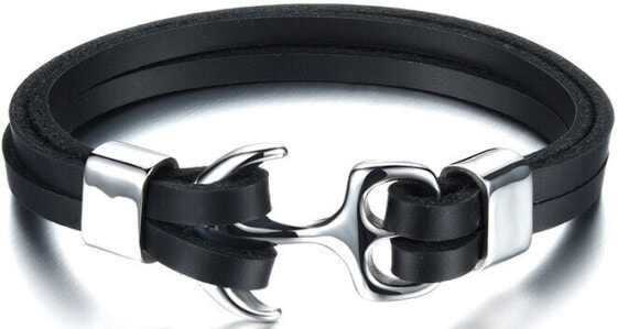 Black leather bracelet with steel anchor Swater