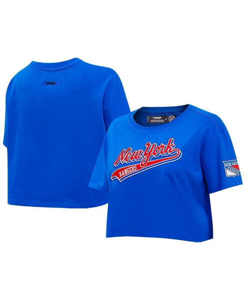 Women's Blue New York Rangers Boxy Script Tail Cropped T-shirt