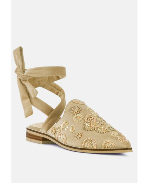 Mande Embroidered Velvet Mules in Beige