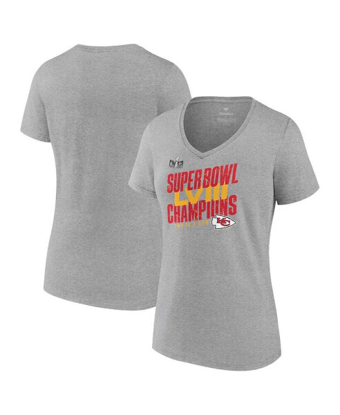 Women's Heather Gray Kansas City Chiefs Super Bowl LVIII Champions Iconic Victory V-Neck T-shirt