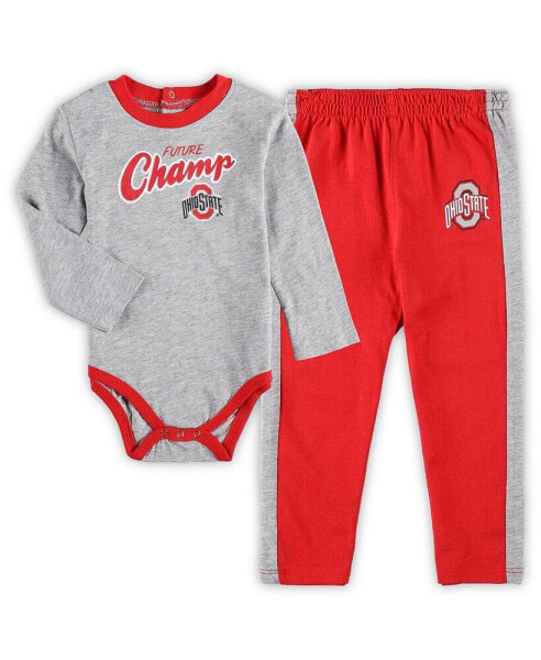 Infant Boys and Girls Heathered Gray, Scarlet Ohio State Buckeyes Little Kicker Long Sleeve Bodysuit and Sweatpants Set