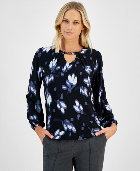 Women's Printed Keyhole Blouson-Sleeve Blouse