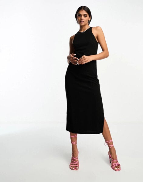 Mango racer neck midi dress in black