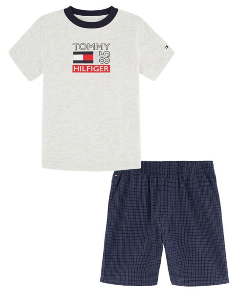 Toddler Boys Short Sleeve Heather Logo T-shirt and Plaid Shorts, 2 Piece Set