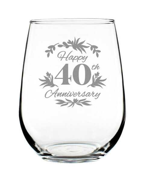 Happy 40th Anniversary Floral 40th Anniversary Gifts Stem Less Wine Glass, 17 oz