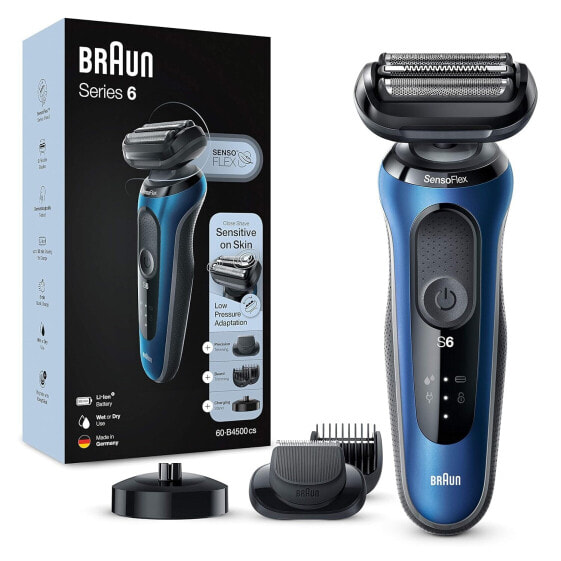 Электробритва Braun Series 6 для мужчин с насадкой EasyClick, электробритва и триммер для бороды, SensoFlex, влажное и сухое бритье, аккумуляторная и беспроводная, подарок на День Валентина для него, 61-B1500s, голубая