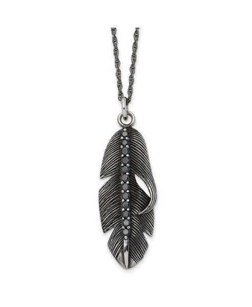 Chisel antiqued and Black CZ Feather Pendant Singapore Chain Necklace