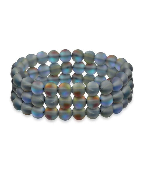 Set Of 3 Rainbow Iridescent Created Blue Moonstone Round Bead 8MM Stacking Strand Stretch Bracelet For Women Men Teen Unisex