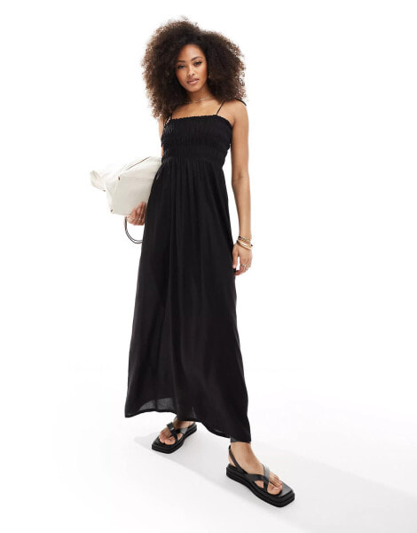 Esmee shirred beach maxi dress in black