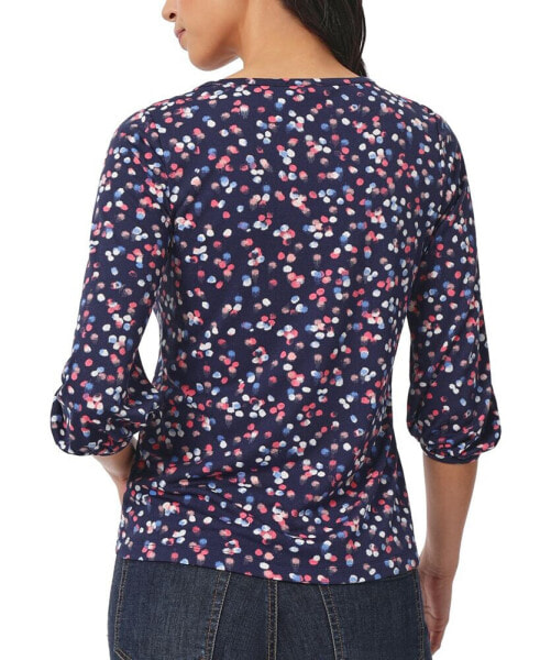 Petite Printed Puff-Cuff 3/4-Sleeve Knit Top