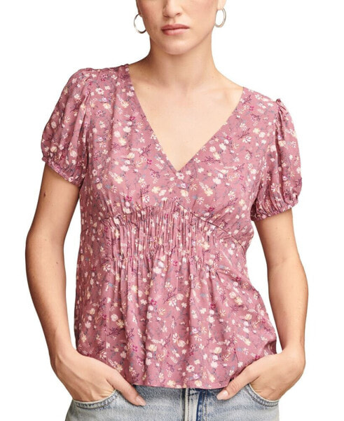 Women's Floral-Print Wide-Smocked Short-Sleeve Top