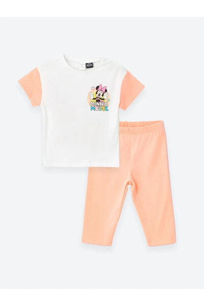 LCW baby Bisiklet Yaka Kısa Kollu Minnie Mouse Baskılı Kız Bebek T-shirt ve Tayt 2'li Takım