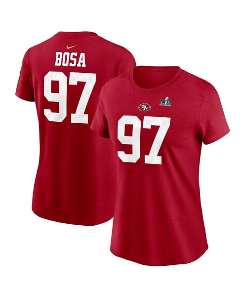 Women's Nick Bosa Scarlet San Francisco 49ers Super Bowl LVIII Patch Player Name and Number T-shirt