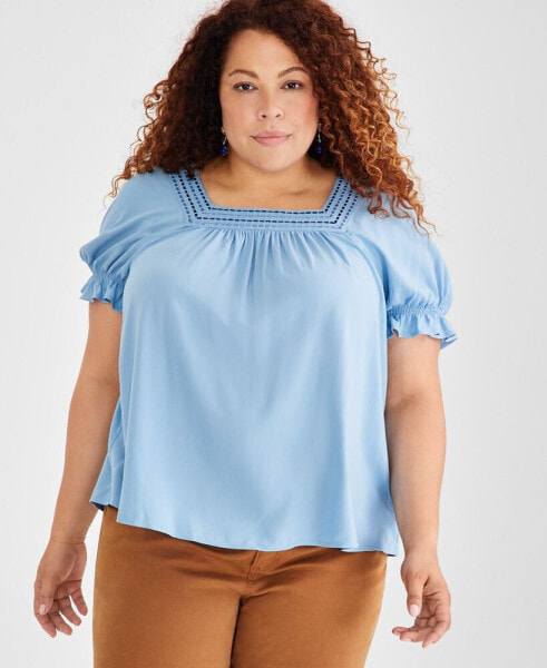 Plus Size Puff-Sleeve Crochet-Trim Top, Created for Macy's