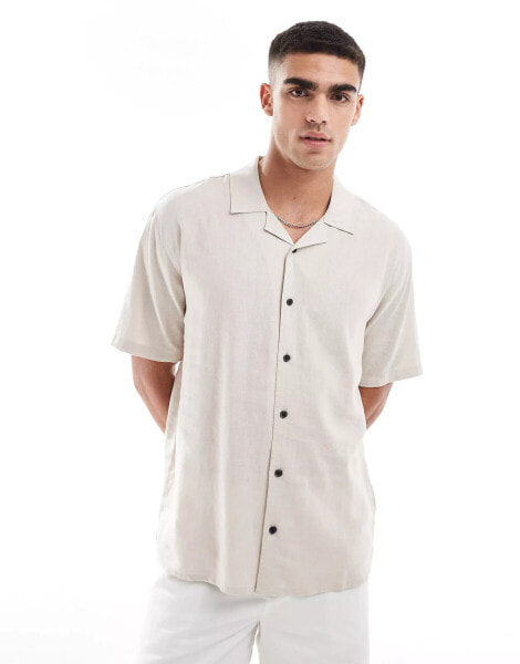 Threadbare linen mix revere collar shirt in stone