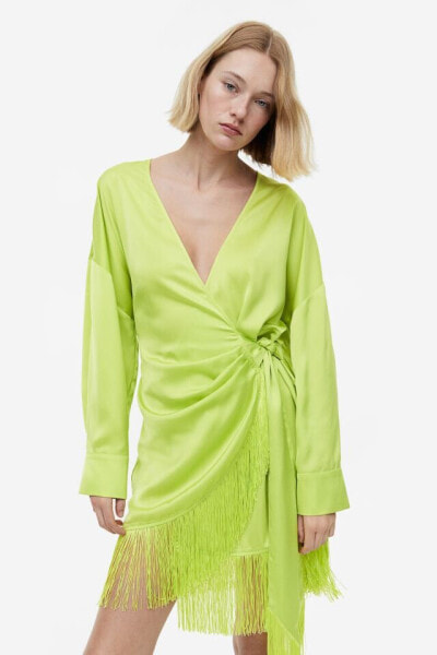 Fringe-trimmed Satin Wrap Dress