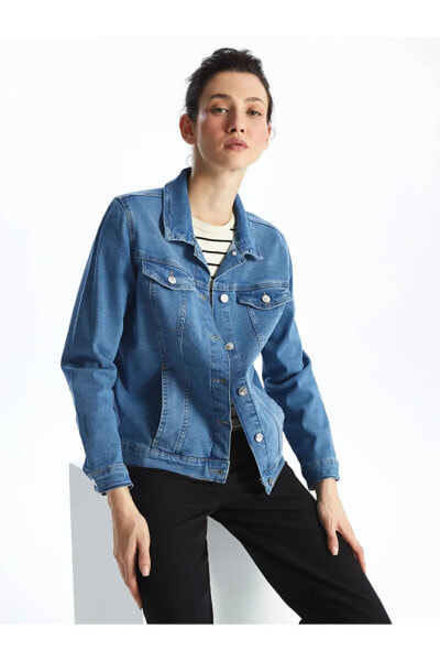 LCWAIKIKI Classic Gömlek Yaka Düz Uzun Kollu Kadın Jean Ceket