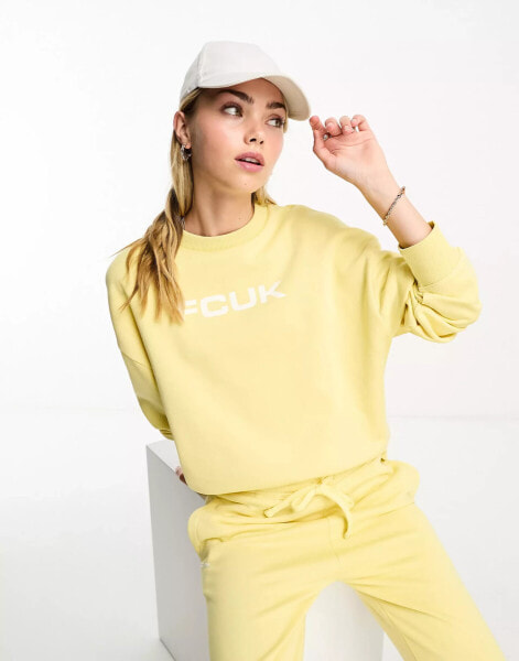 FCUK crew neck sweatshirt co-ord with white logo in lemon