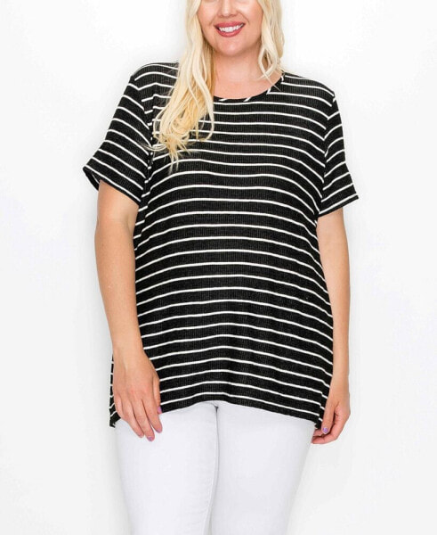 Plus Size Pointelle Stripe Button Back Top