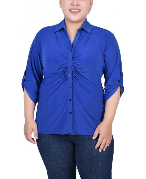 Plus Size 3/4 Roll Tab Rouched-Front Top