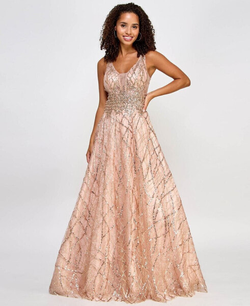Juniors' Glitter-Lace Embellished-Waist Plunge-Back Gown