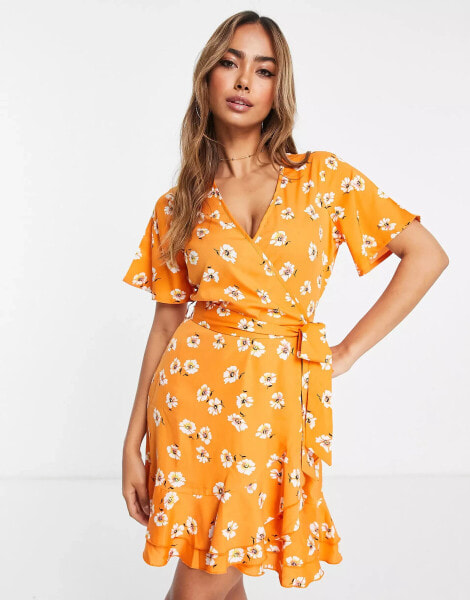 In The Style x Jac Jossa – Midi-Freizeitkleid in Orange mit Gänseblümchenprint, Puffärmeln und eckigem Ausschnitt