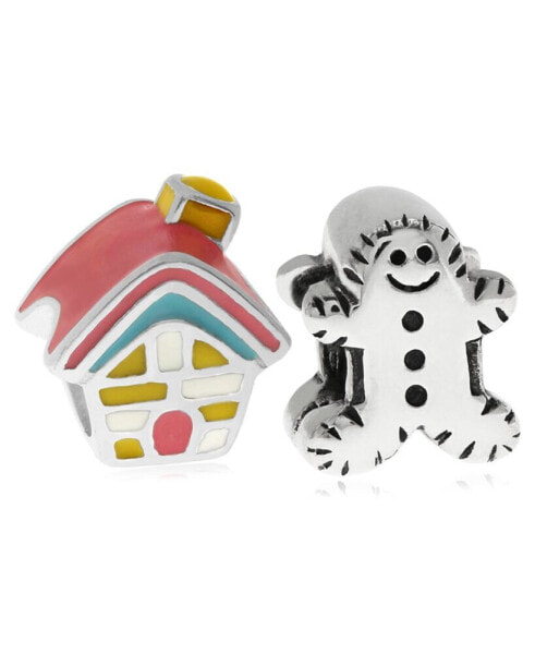 Children's Enamel House Gingerbread Man Bead Charms - Set of 2 in Sterling Silver
