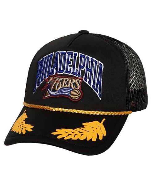 Men's Black Philadelphia 76ers Hardwood Classics Gold Leaf Mesh Trucker Snapback Hat