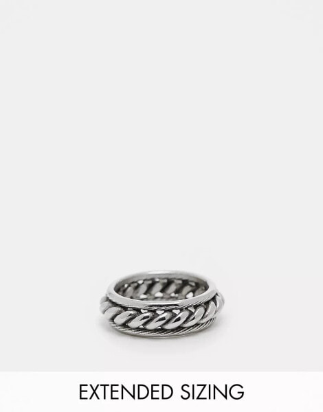 ASOS DESIGN waterproof stainless steel band ring with rope detail in burnished silver tone