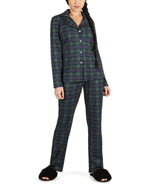 Women's Plaid Notch Collar Cotton Blend Pajama Set