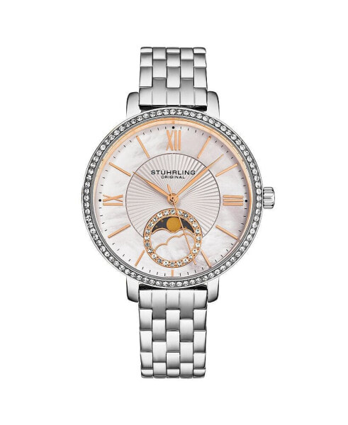 Women's Quartz Silver Alloy Case, Silver SS Link Bracelet Watch Moonphase Crystal Studded Bezel White Mother-of-Pearl Dial