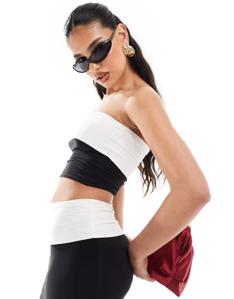 Missyempire exclusive slinky contrast bandeau top co-ord in monochrome