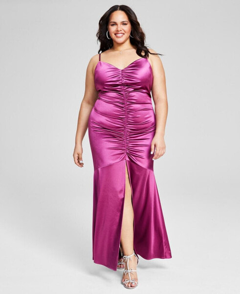 Trendy Plus Size Ruched Satin Gown, Created for Macy's
